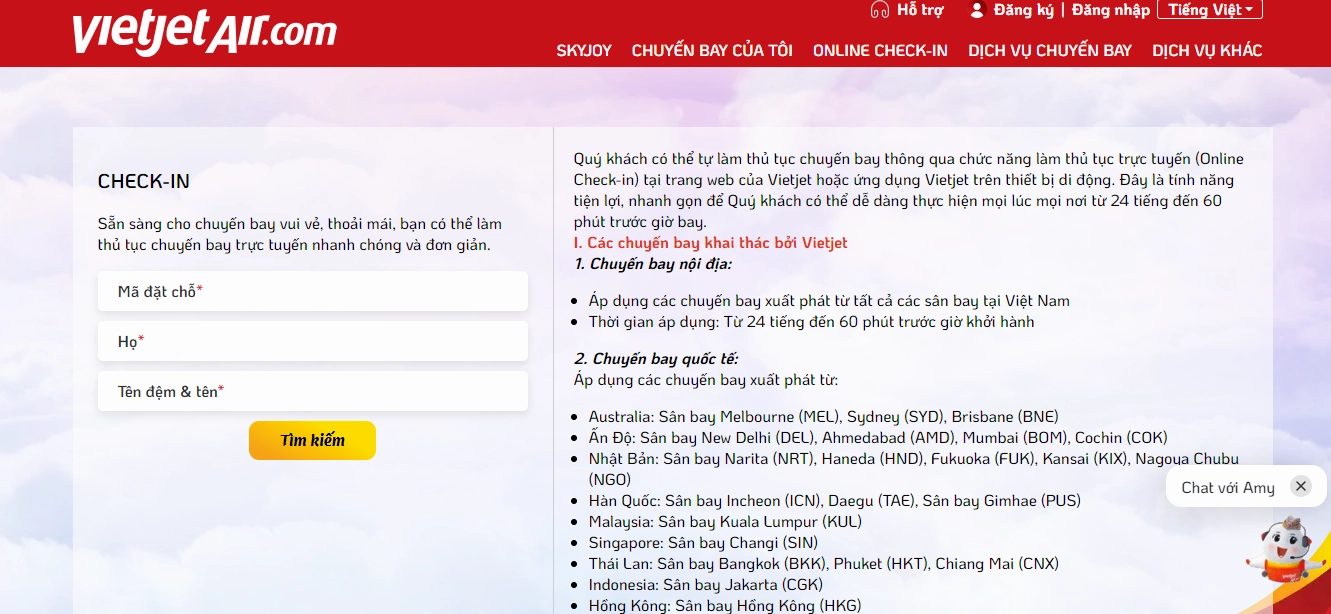 Hành khách truy cập vào mục Online Check-in và điền các thông tin như hướng dẫn để tiến hành thao tác lựa chọn chỗ trên máy bay Vietjet