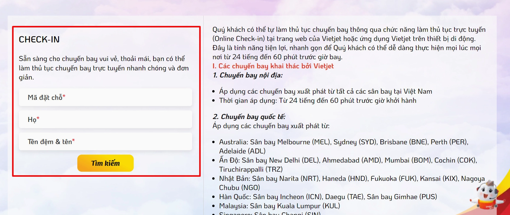 Hướng dẫn check-in online Vietjet Air khi bay quốc tế qua điện thoại