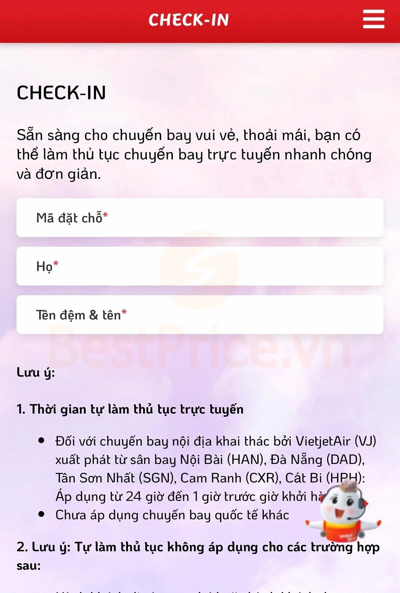 Hướng dẫn Check in online Vietjet Air