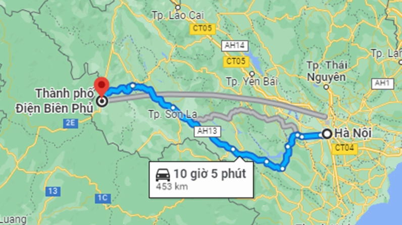 Khoảng cách từ Hà Nội đến Điện Biên bằng đường bộ khoảng 453 km