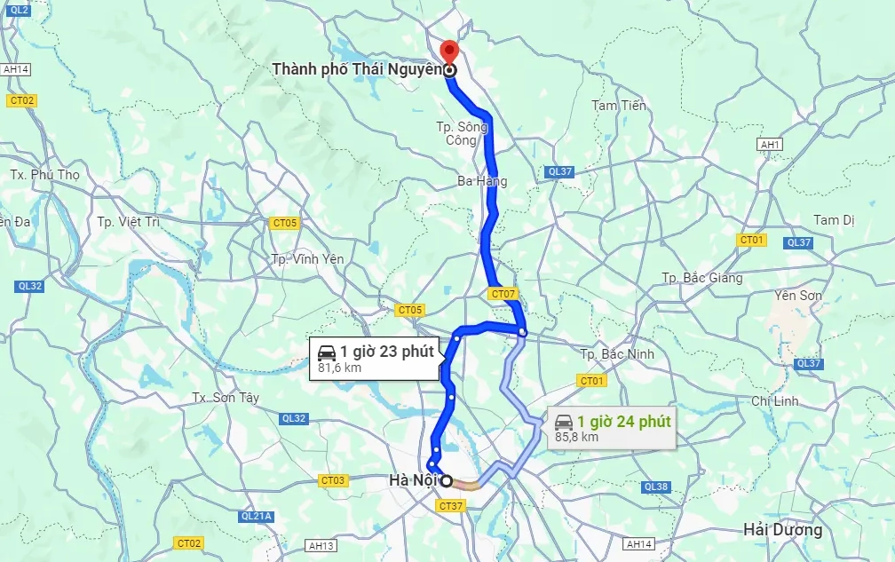 Khoảng cách từ Hà Nội đến Thái Nguyên qua Google Maps
