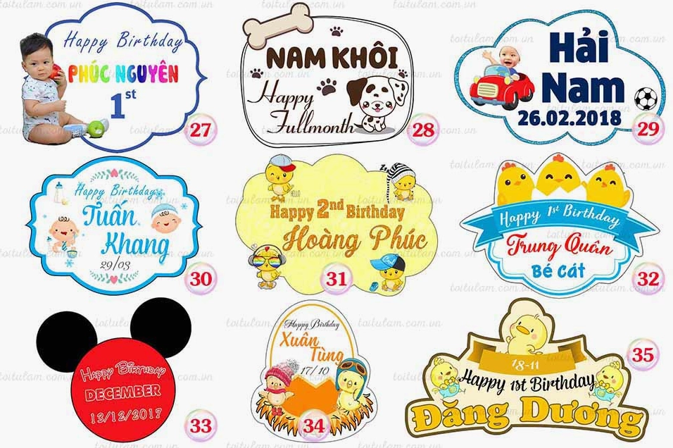 Bảng tên sinh nhật cho bé với họa tiết ngộ nghĩnh