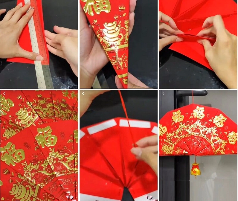 Bao lì xì tết được trang trí bằng giấy gấp