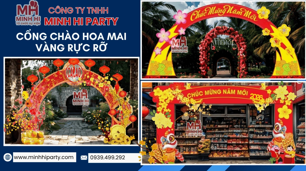 Cổng tết với hoa mai vàng