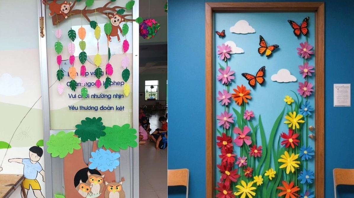 Cửa lớp mầm non trang trí ngộ nghĩnh với giấy thủ công