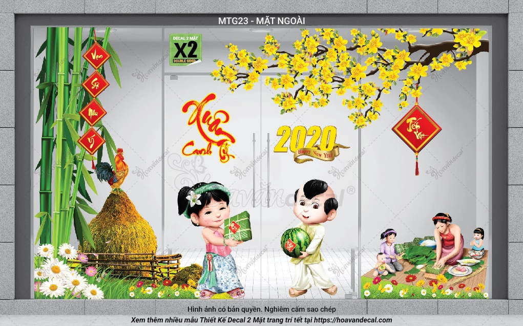 Decal trang trí cửa kính Tết họa tiết truyền thống