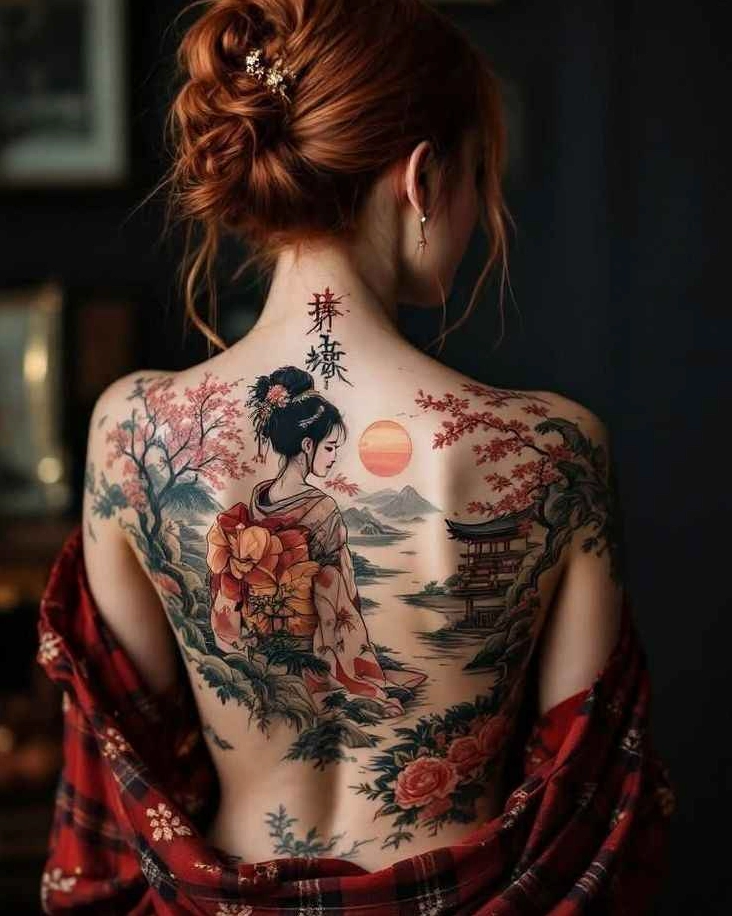 Hình xăm full lưng nữ với họa tiết Nhật Bản