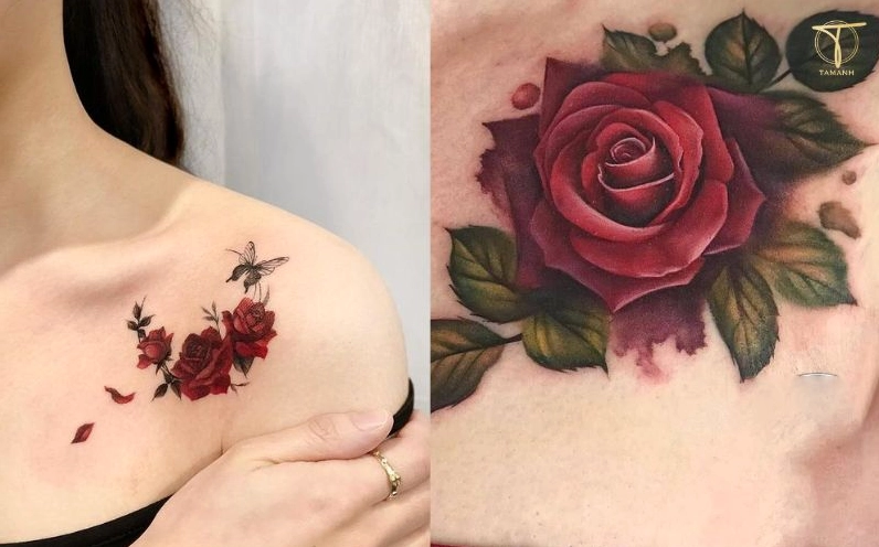 Hình xăm hoa hồng ở ngực nữ