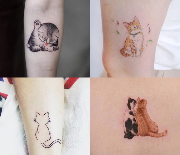 Hình xăm mèo mini kết hợp hoa
