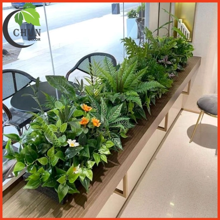 Khay cây giả trang trí văn phòng xanh mát
