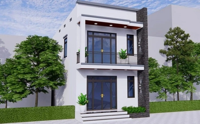 Mặt tiền nhà ống 2 tầng phong cách hiện đại, vuông vắn