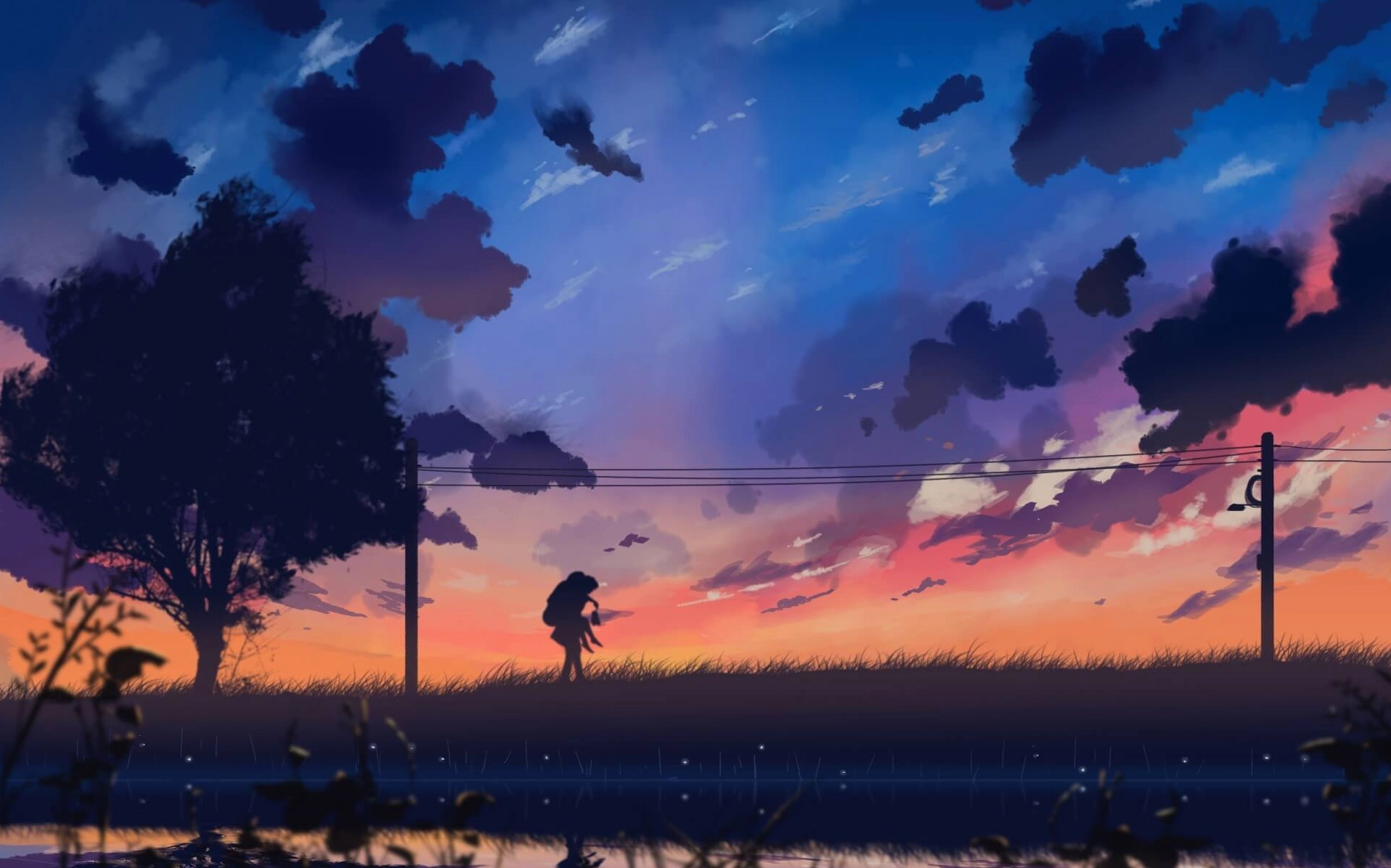 Nhân vật anime ngồi dưới mưa