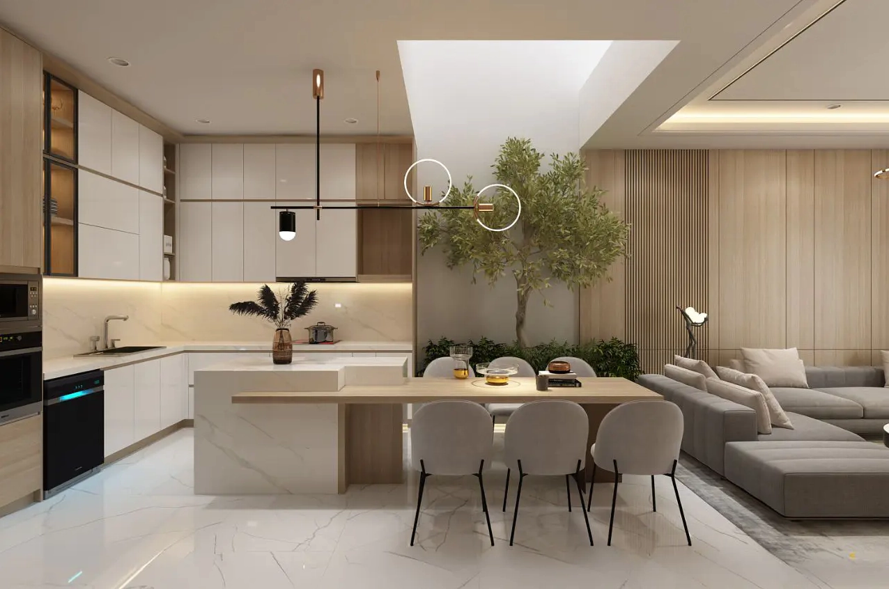Phòng khách liền bếp sang trọng