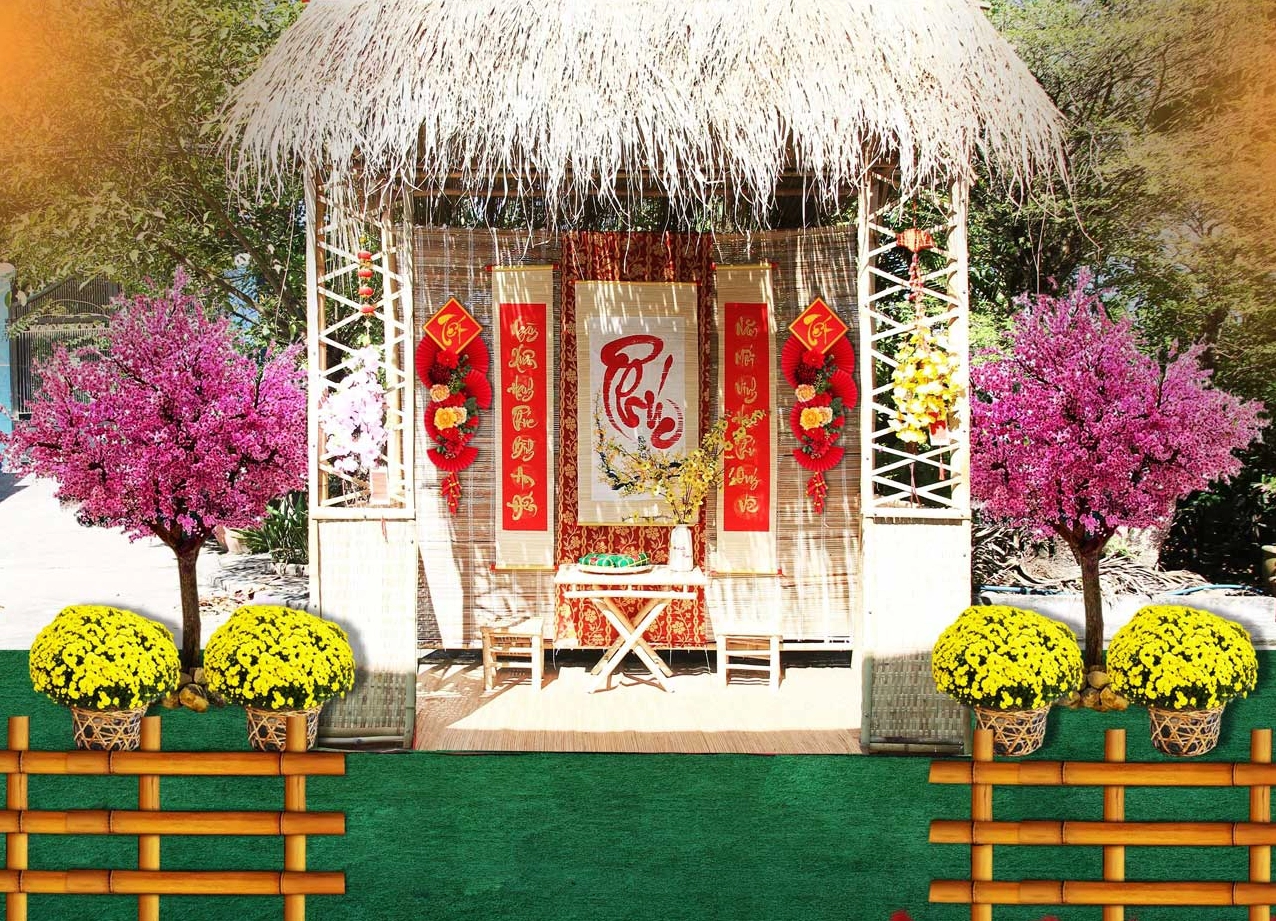 Tiểu cảnh Tết với thư pháp và đồ trang trí