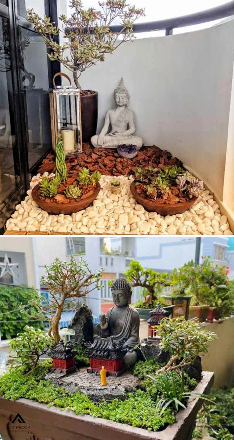 Tiểu cảnh tượng Phật và bonsai
