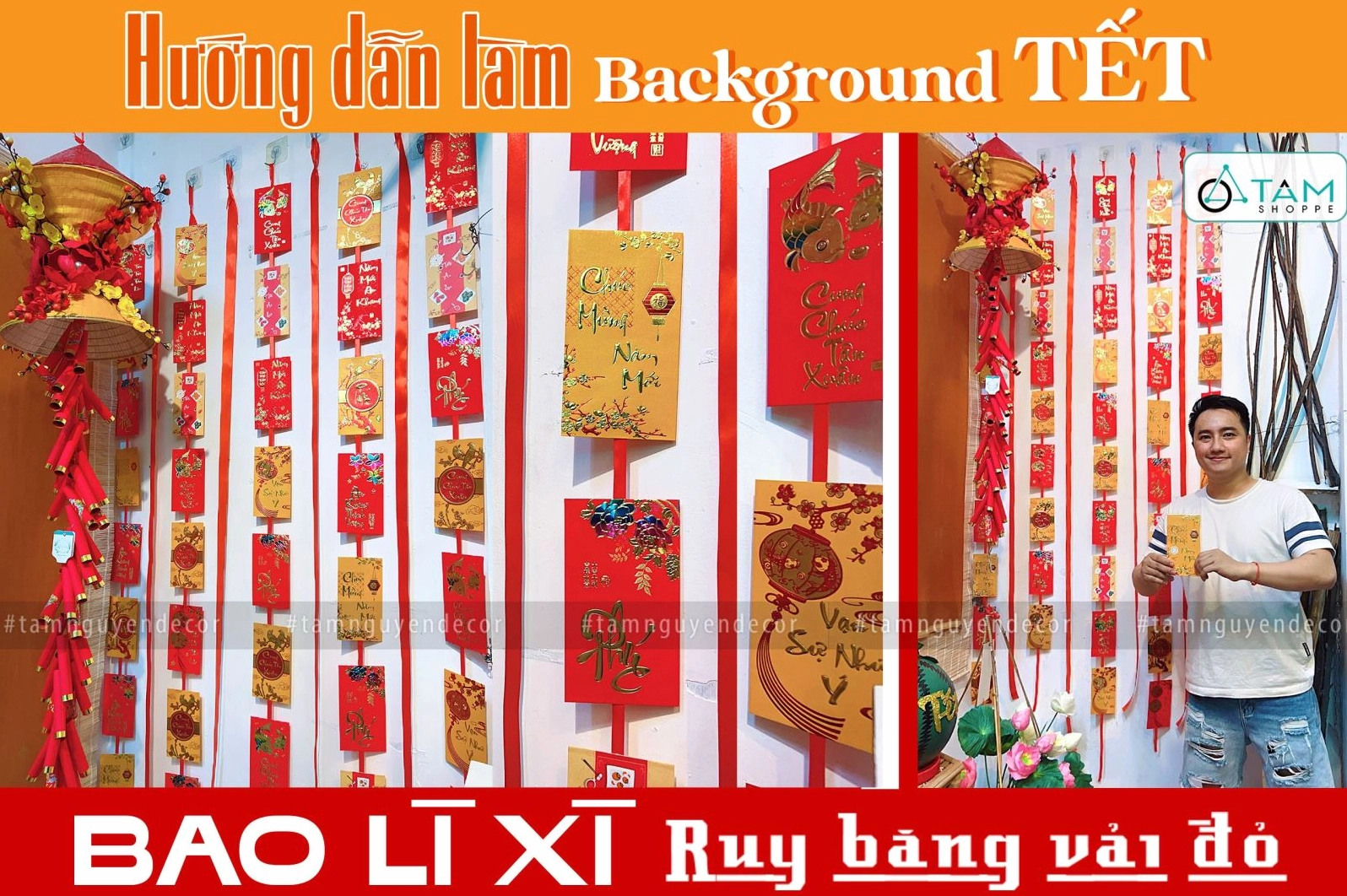 Trang trí background Tết bằng bao lì xì và ruy băng
