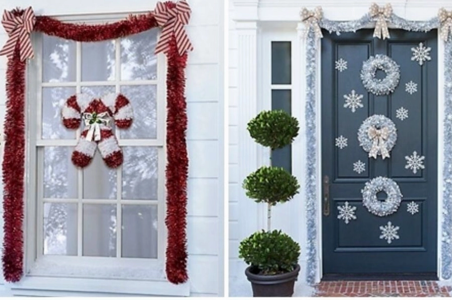 Trang trí cửa kính noel bằng dây kim tuyến