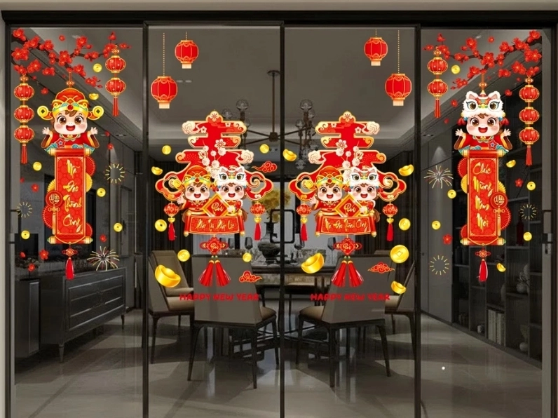 Trang trí cửa kính Tết bằng giấy và decal