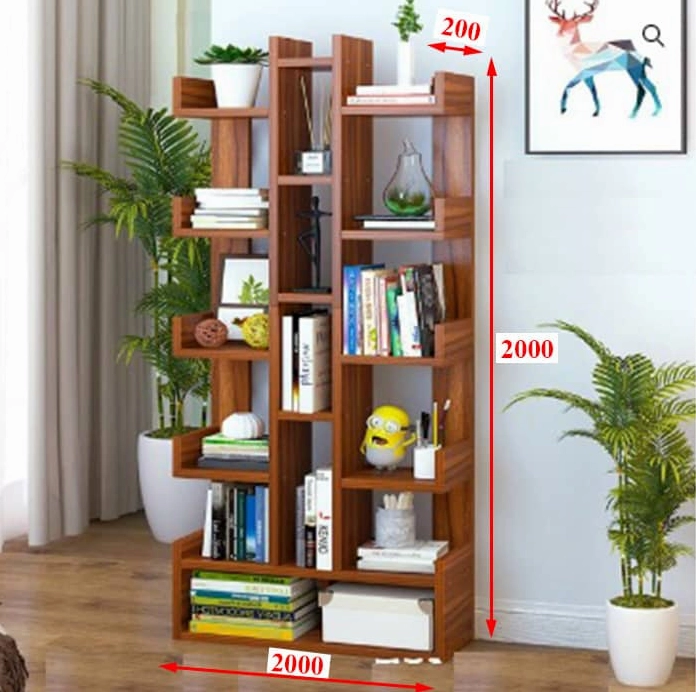Trang trí kệ sách với khung ảnh và cây xanh