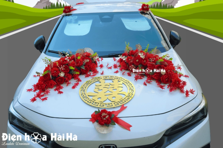Trang trí xe cưới bằng hoa lụa màu hồng và nhung
