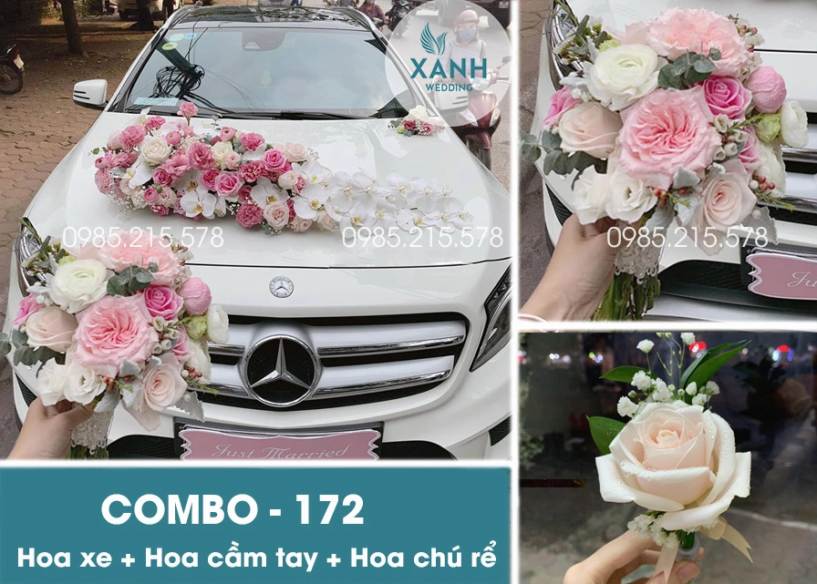 Trang trí xe cưới đơn giản với hoa màu xanh