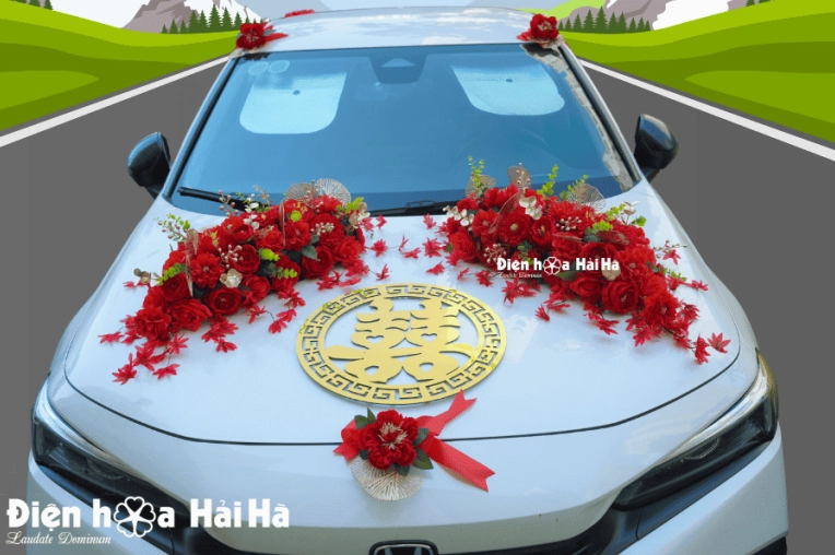 Xe hoa trang trí hoa lụa và nơ